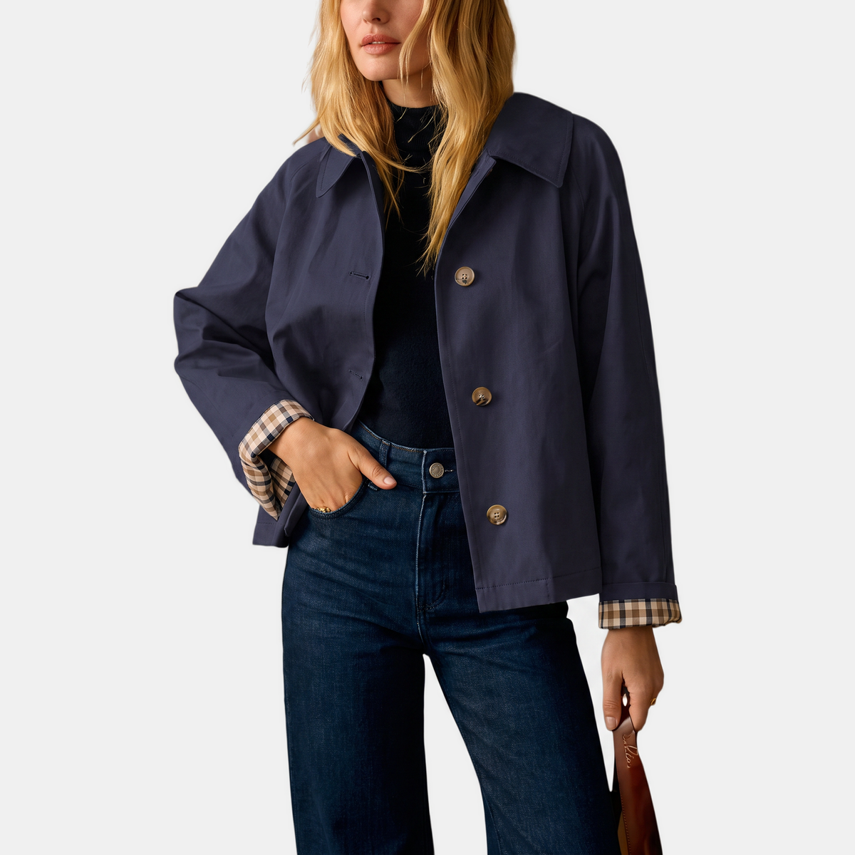 Women's Cropped Trench Coat with Checkered Lining and Gold Buttons