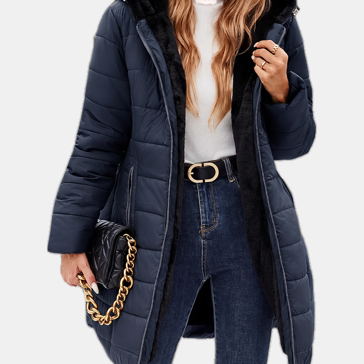 Women's Quilted Puffer Coat Fleece Lined Hooded Midi Jacket