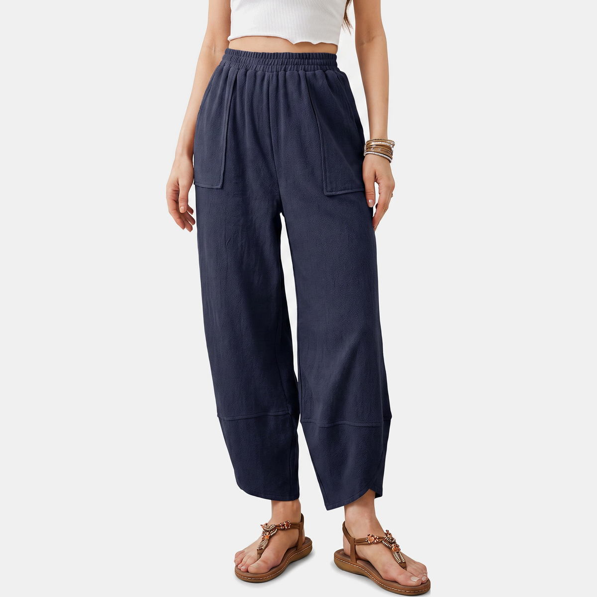 Women's Wide Leg Ribbed Knit Cropped Pants with Patch Pockets