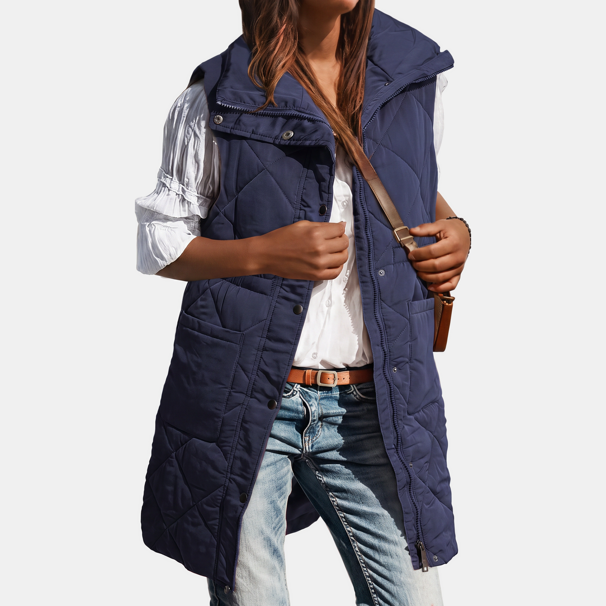 Women's Hooded Puffer Vest Quilted Midi Sleeveless Jacket