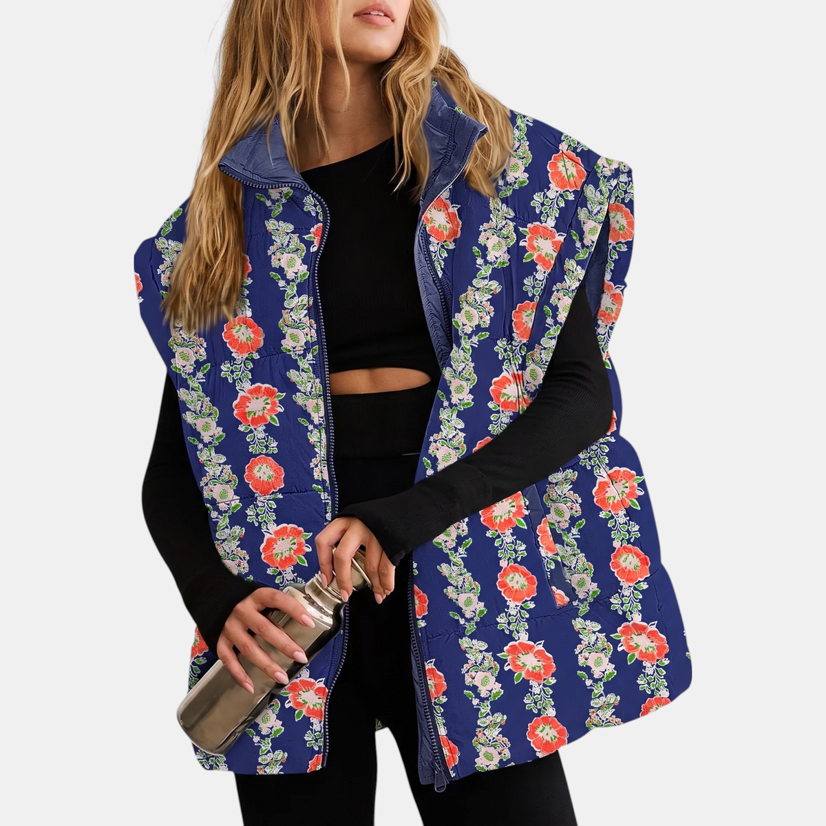 Women's Floral Print Puffer Vest Sleeveless Zip Up