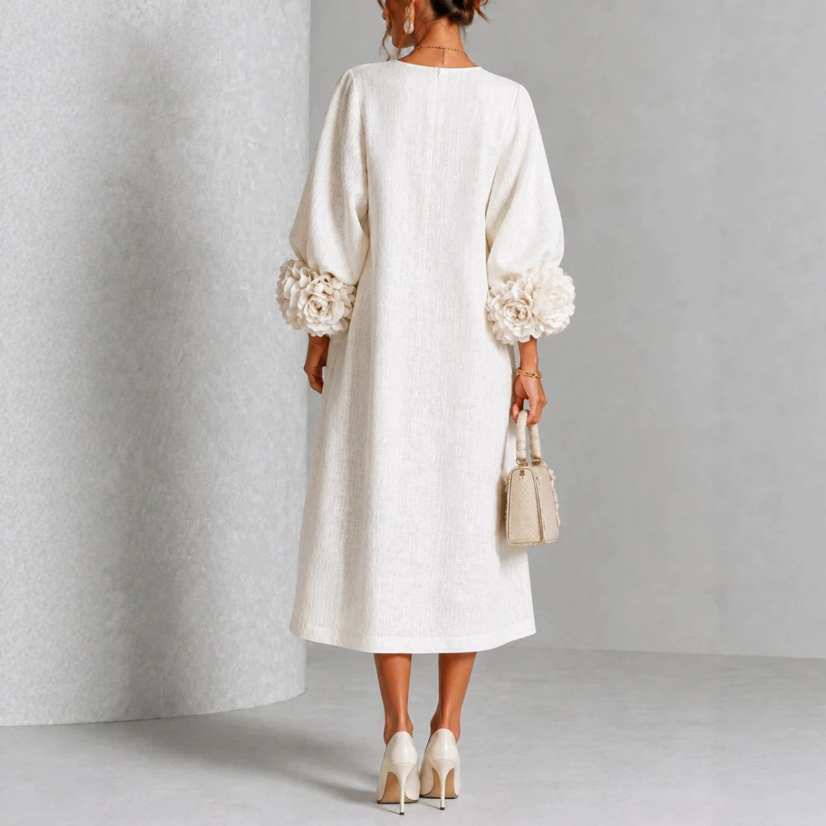 Rosemary Rosette-Cuff Button Midi Dress in White