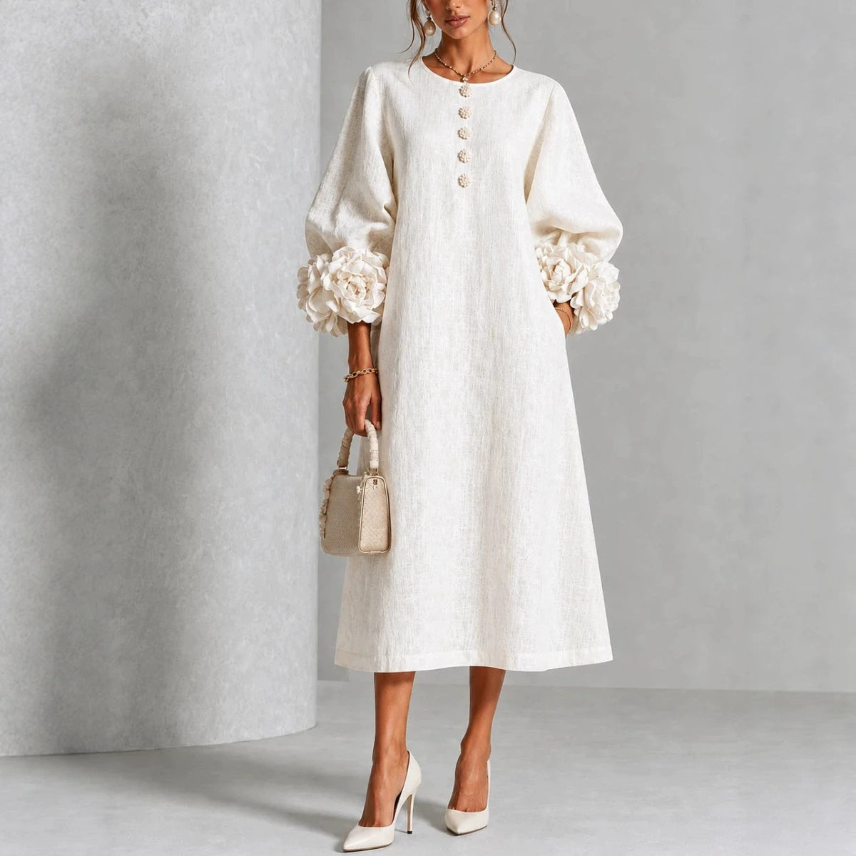 Rosemary Rosette-Cuff Button Midi Dress in White