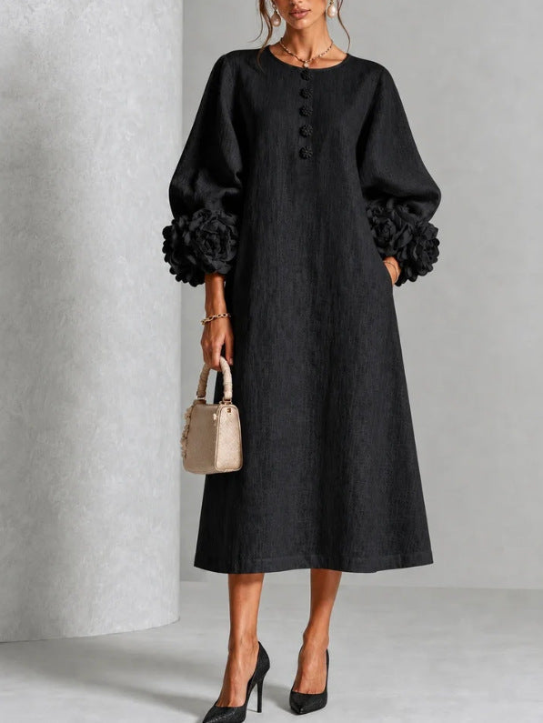 Rosemary Rosette-Cuff Button Midi Dress in Black