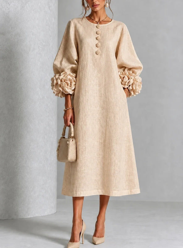 Rosemary Rosette-Cuff Button Midi Dress in Beige