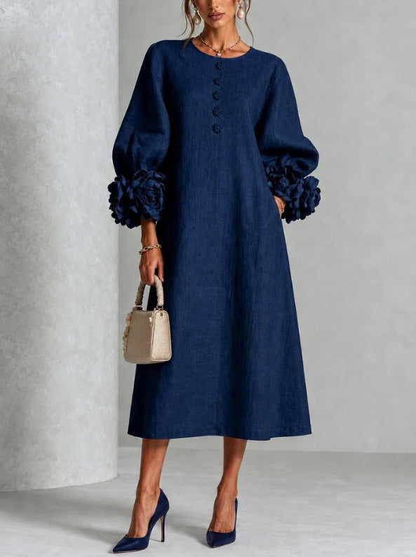 Rosemary Rosette-Cuff Button Midi Dress in Blue