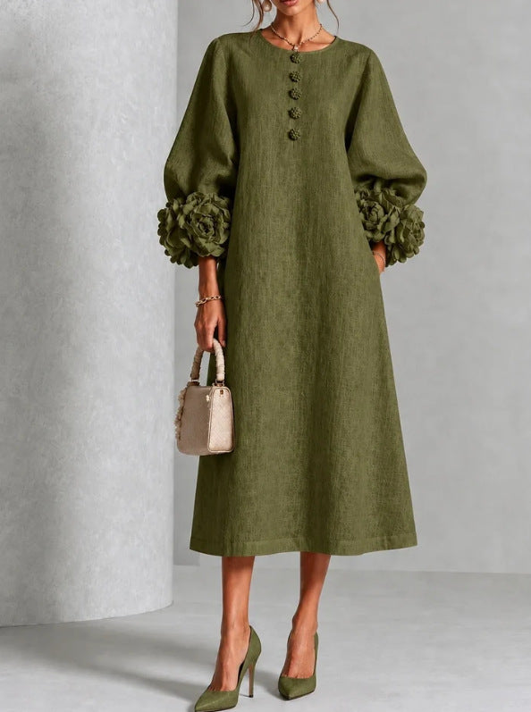 Rosemary Rosette-Cuff Button Midi Dress in Green