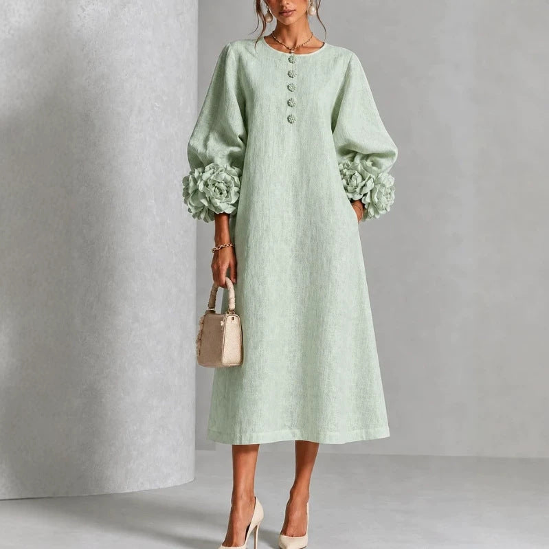 Rosemary Rosette-Cuff Button Midi Dress in Mint