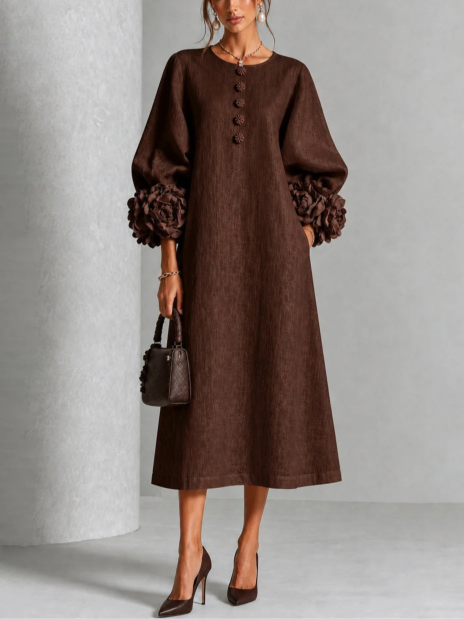 Rosemary Rosette-Cuff Button Midi Dress in Brown
