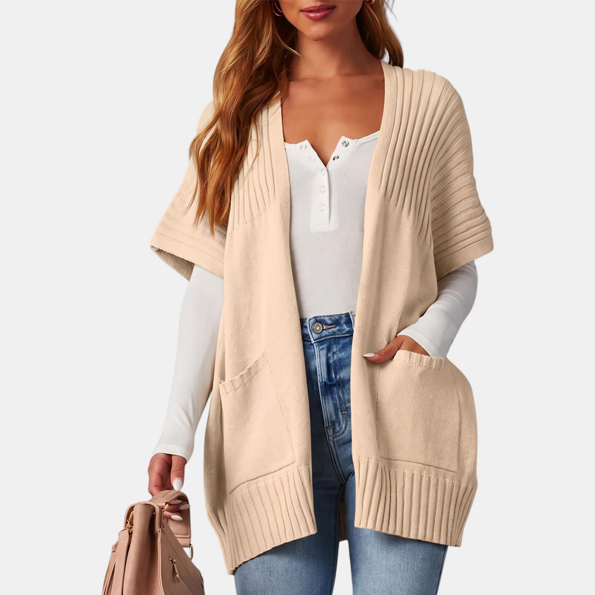 Women's Short Sleeve Cardigan Chunky Knit Open Front Sweater