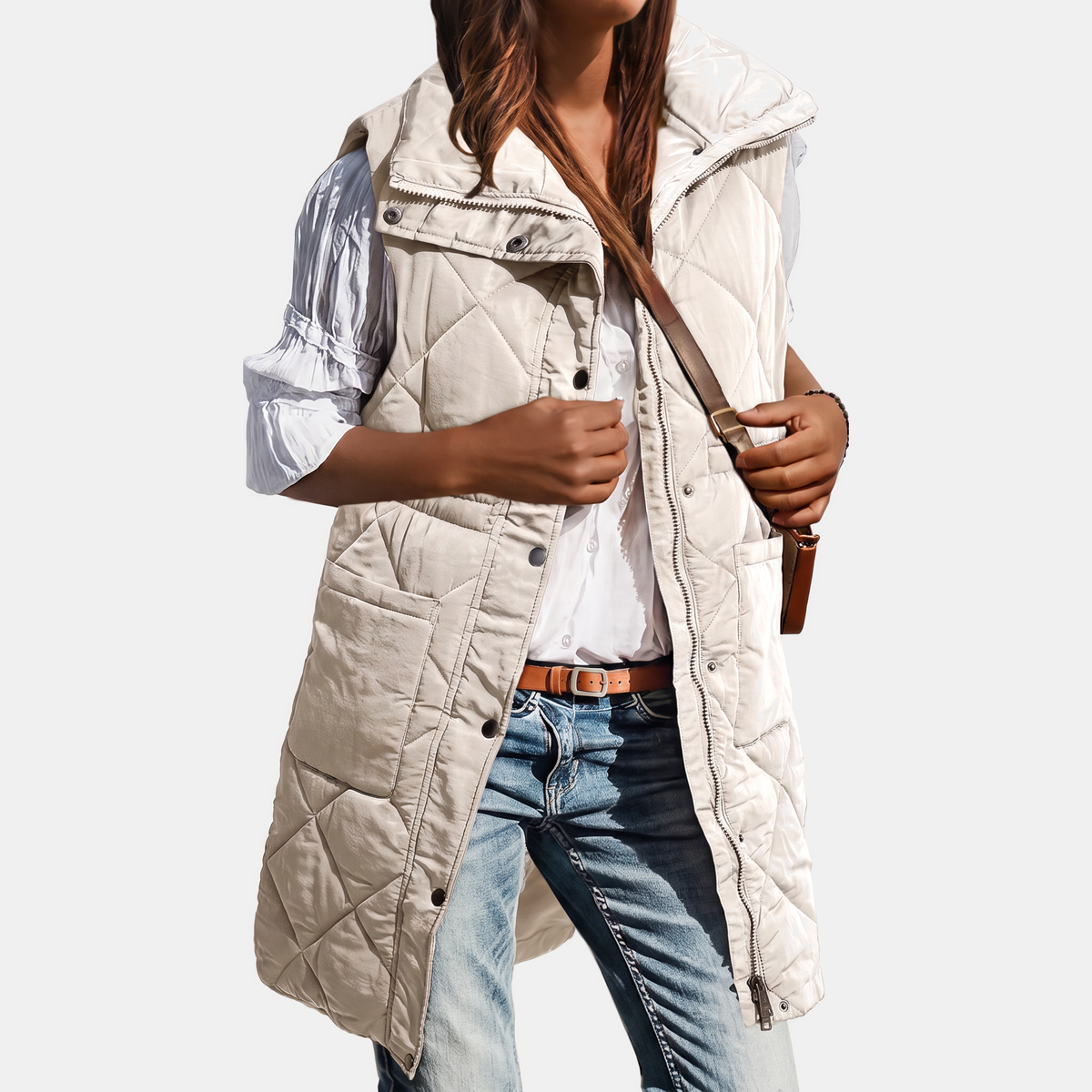Women's Hooded Puffer Vest Quilted Midi Sleeveless Jacket