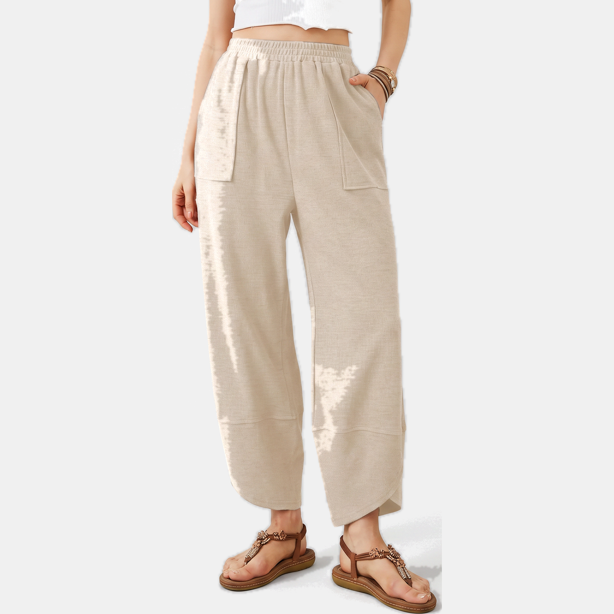 Women's Wide Leg Ribbed Knit Cropped Pants with Patch Pockets