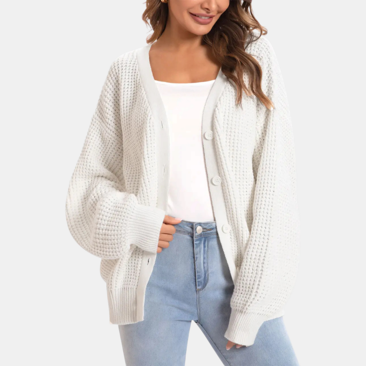 Women's Waffle Knit Balloon Sleeve Button Front Cardigan