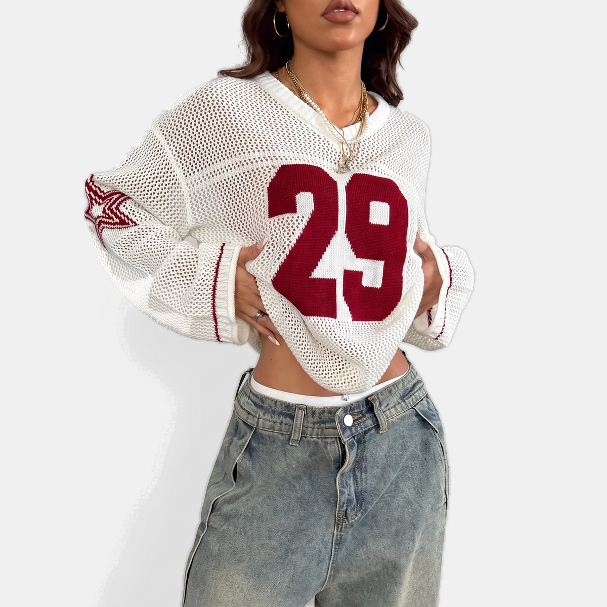 Women's Oversized Open Knit Number Graphic Crop Sweater