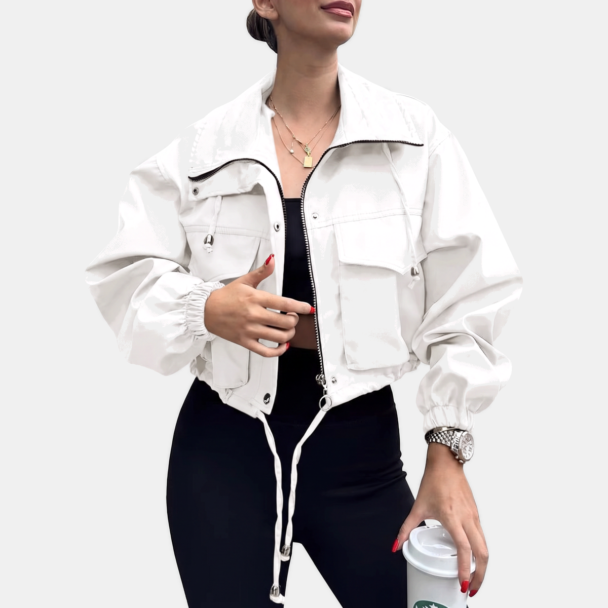 Women's Cropped Zip Up Cargo Windbreaker Jacket