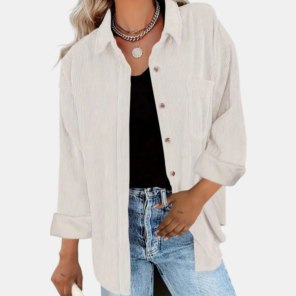 Women's Button Front Corduroy Oversized Long Sleeve Shacket