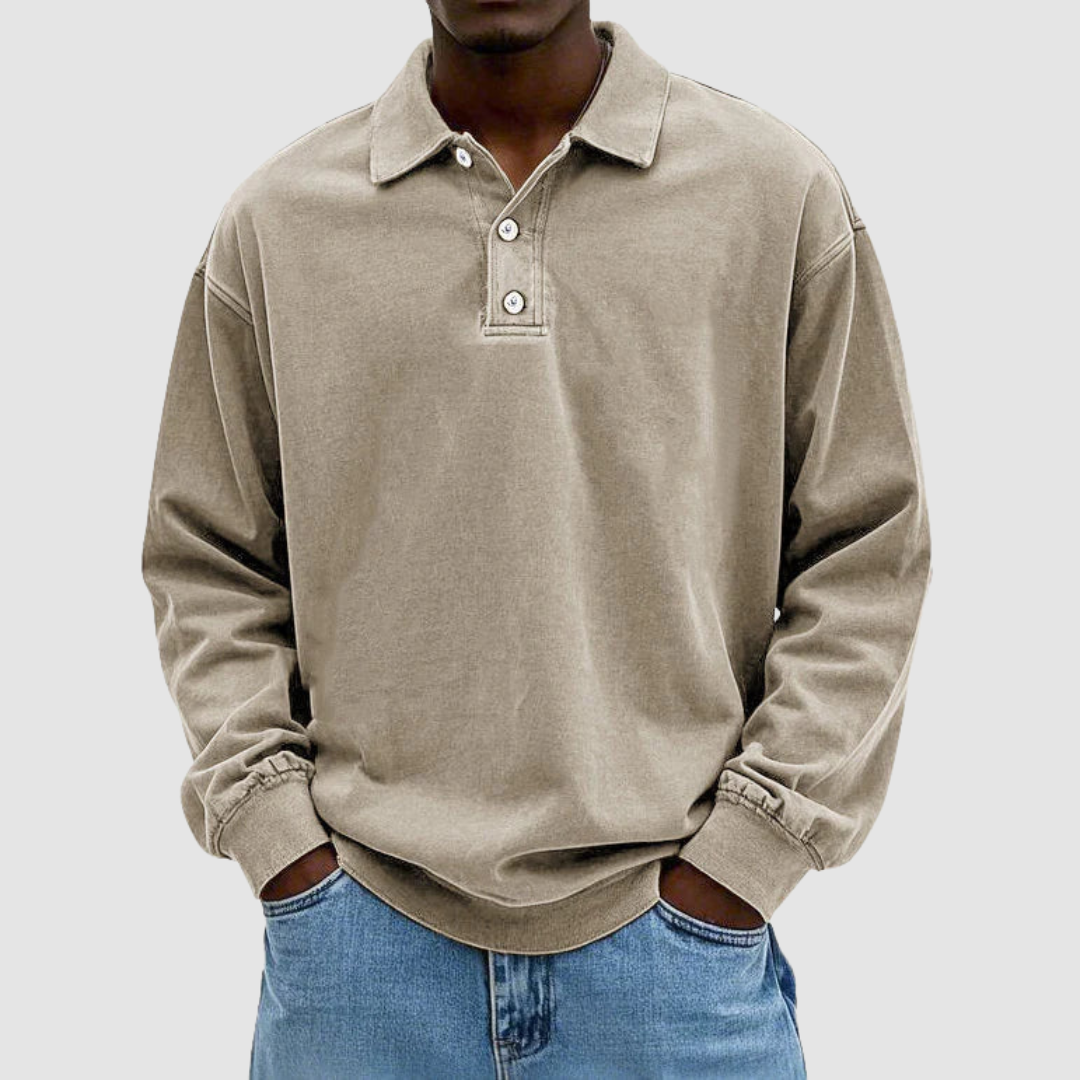 Gordon Men's Vintage Long-Sleeve Polo Shirt in Khaki
