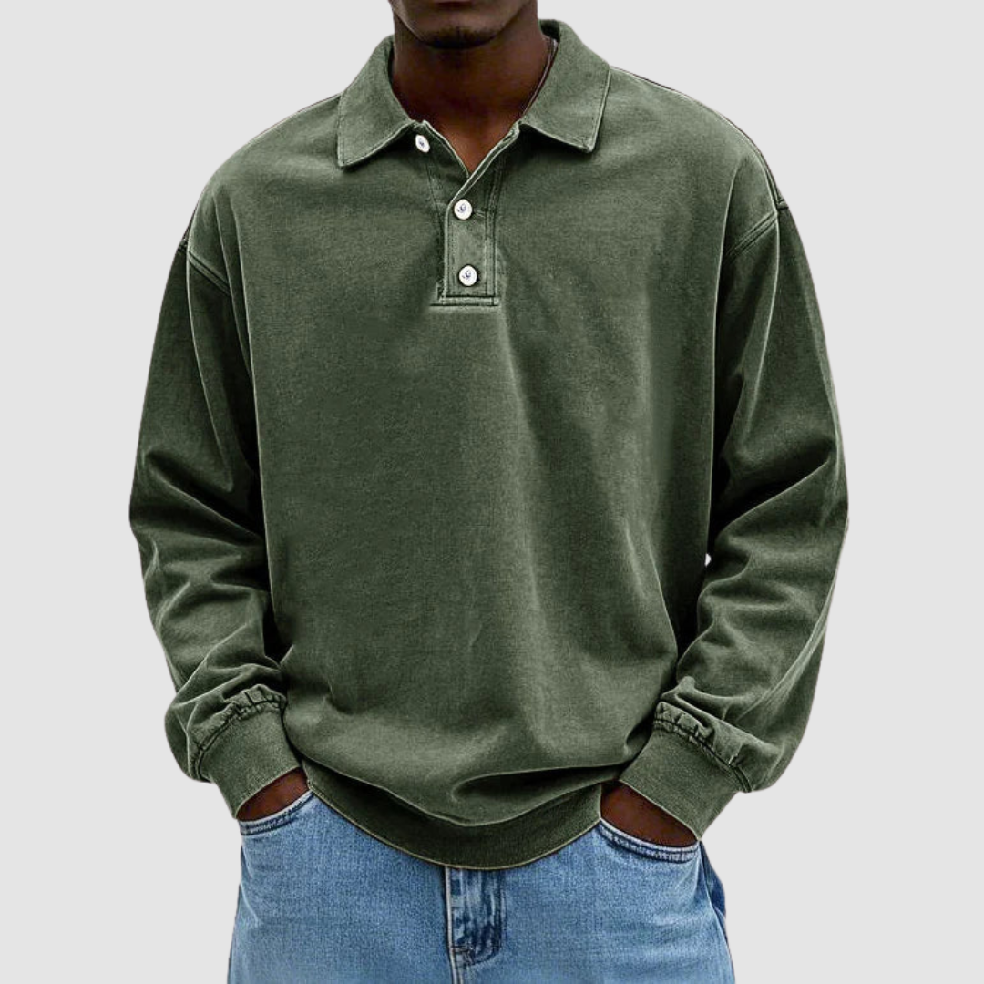 Gordon Men's Vintage Long-Sleeve Polo Shirt in Army Green