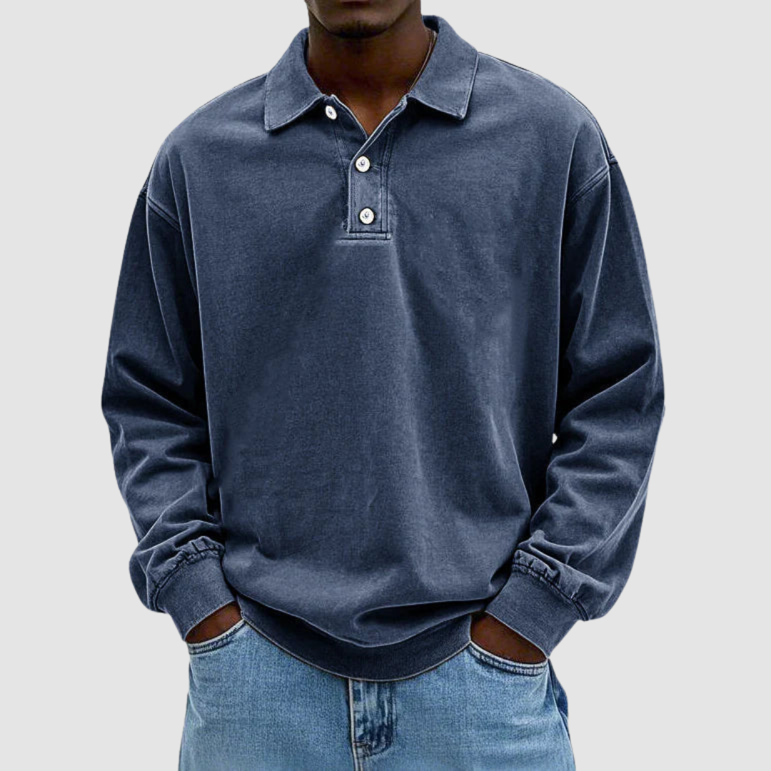 Gordon Men's Vintage Long-Sleeve Polo Shirt in Navy Blue