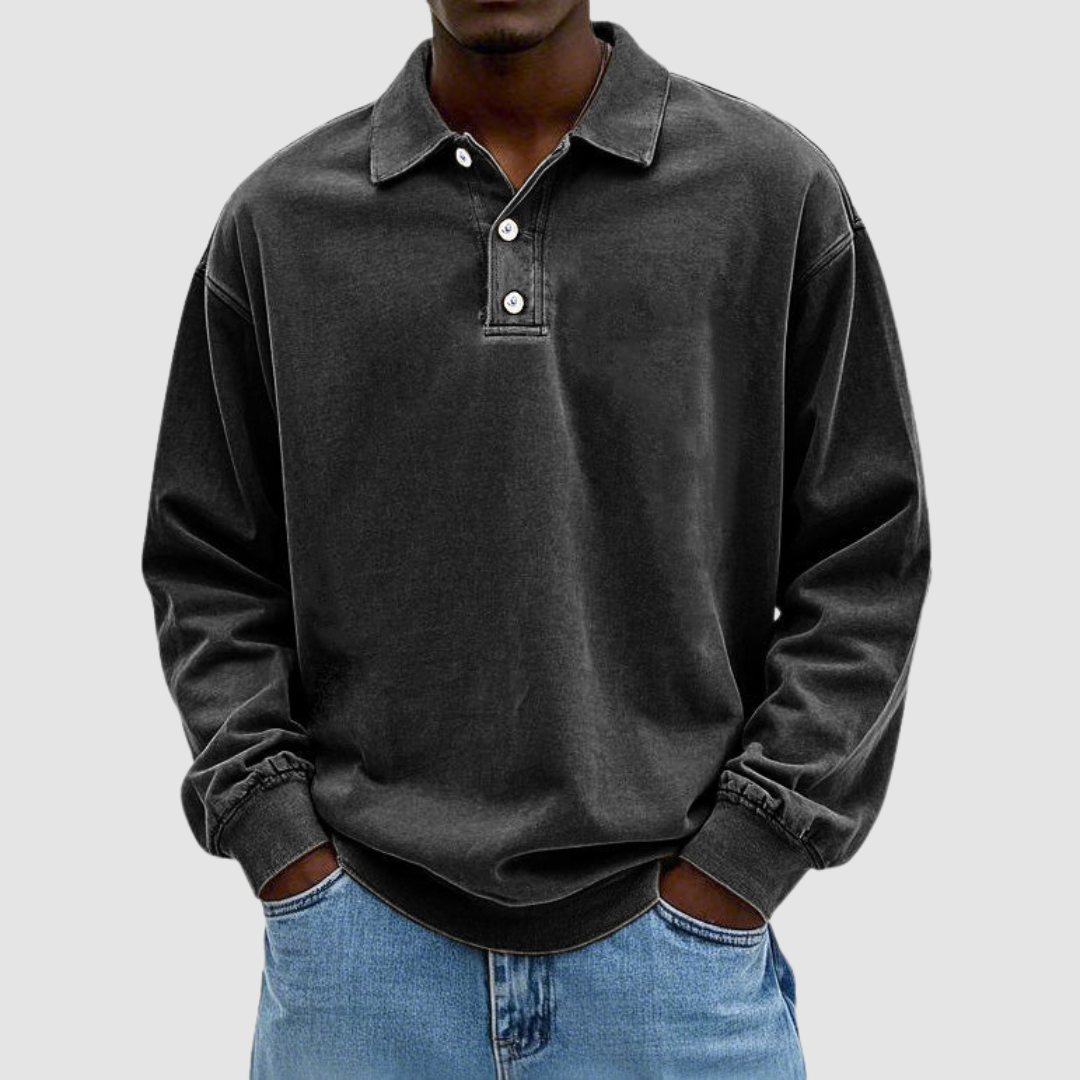 Gordon Men's Vintage Long-Sleeve Polo Shirt in Black