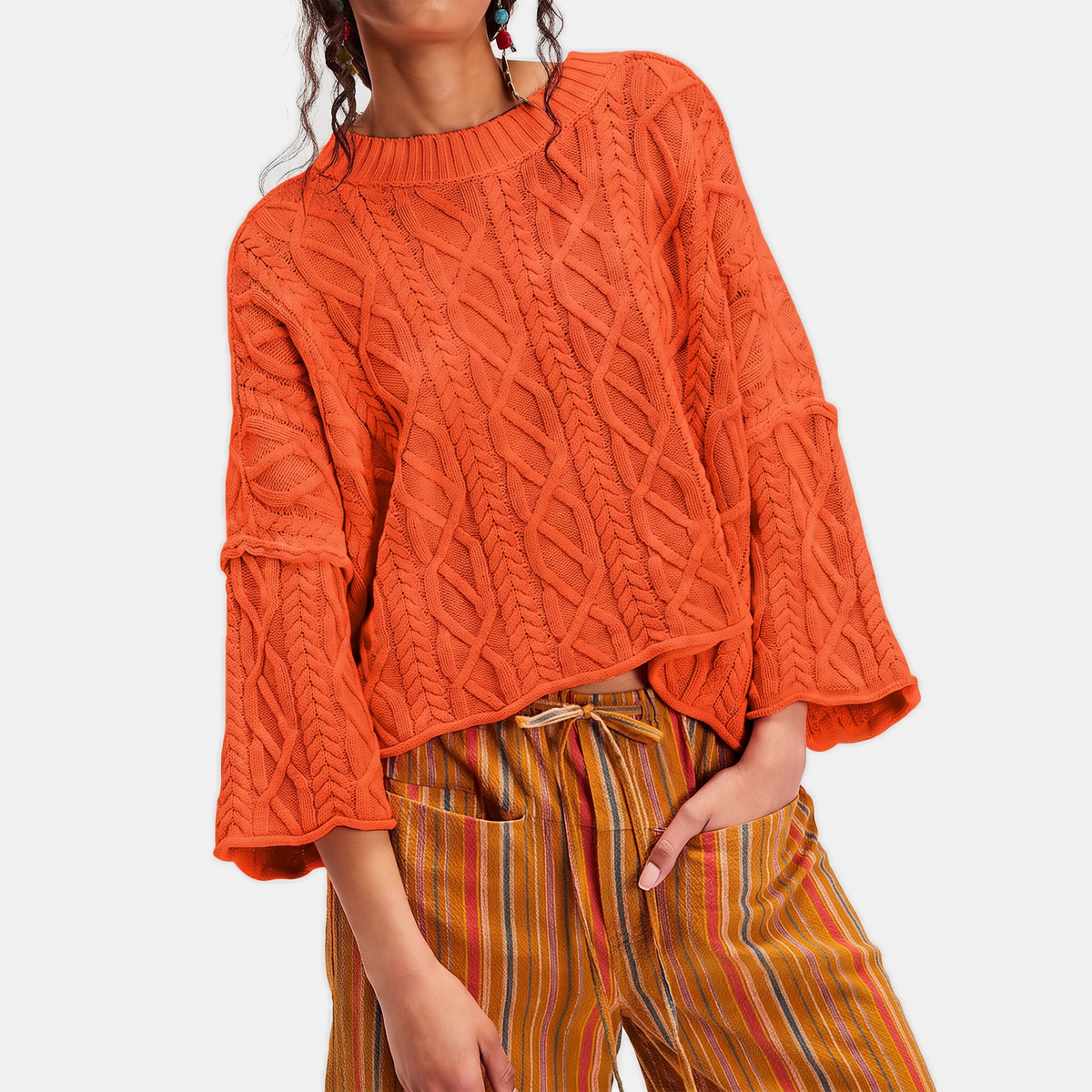 Women's Cable Knit Cropped Sweater Bell Flounce Cuff