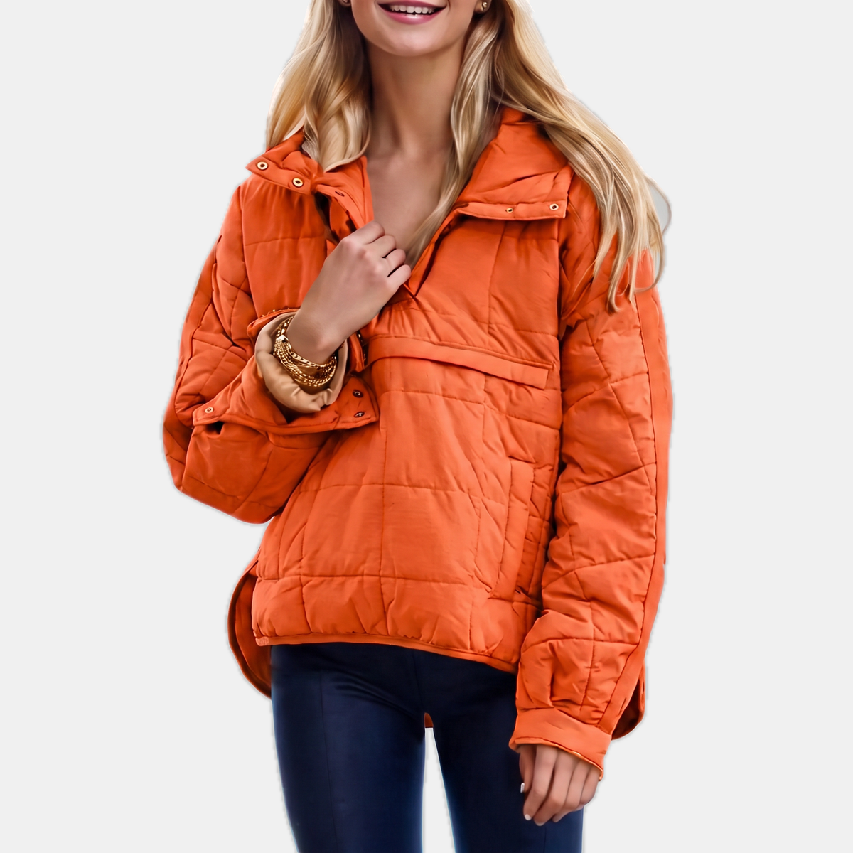 Women's Quilted Pullover Puffer Jacket Snap Collar Stand Neck
