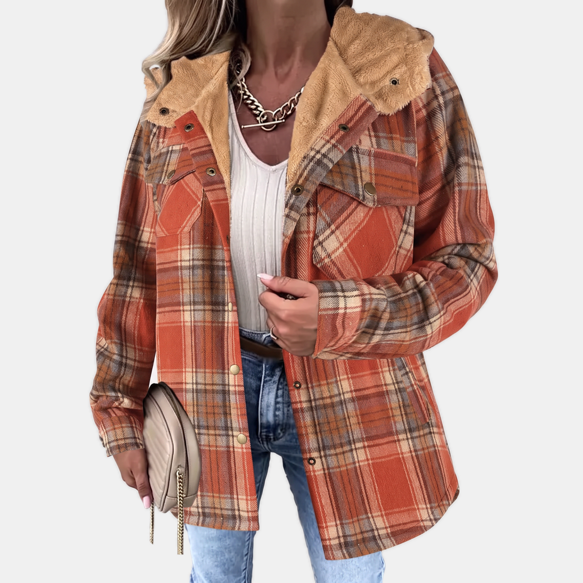 Women's Faux Fur Hood Plaid Flannel Snap Button Shacket