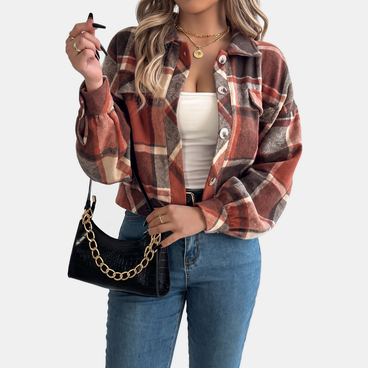 Women's Button Front Cropped Plaid Flannel Shacket
