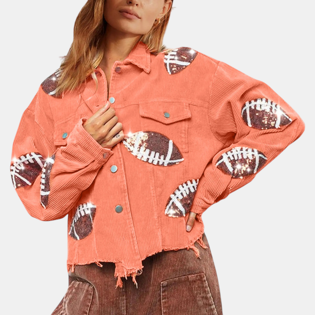 Women's Sequin Embroidered Cropped Corduroy Varsity Jacket