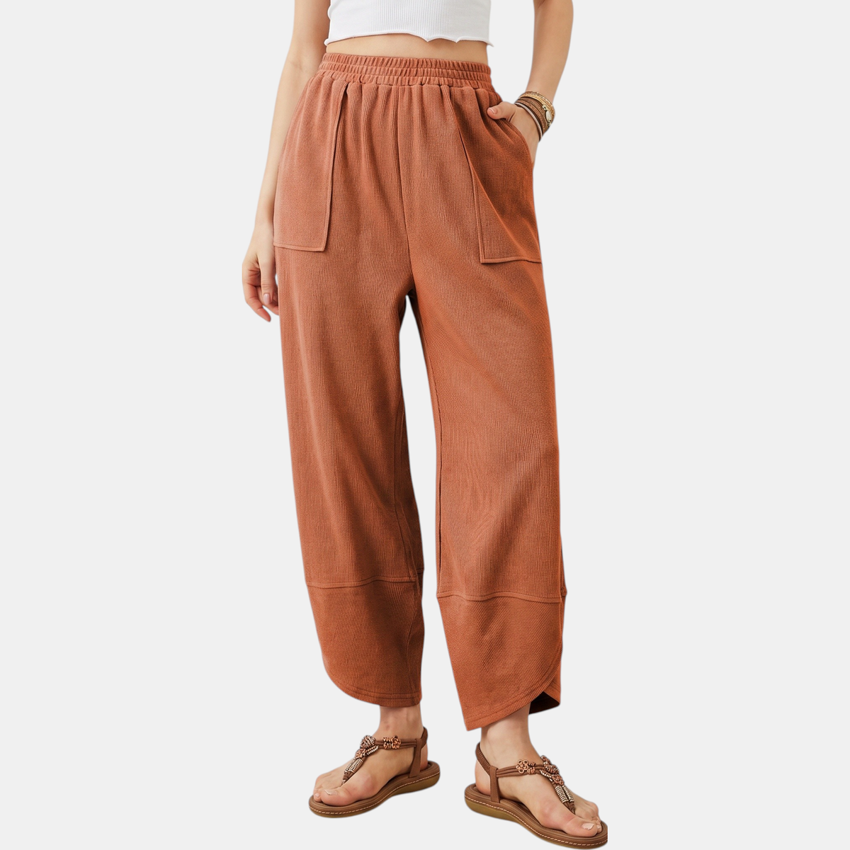 Women's Wide Leg Ribbed Knit Cropped Pants with Patch Pockets