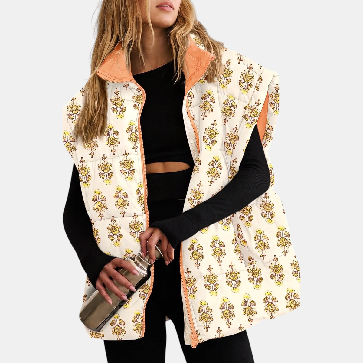Women's Floral Print Puffer Vest Sleeveless Zip Up