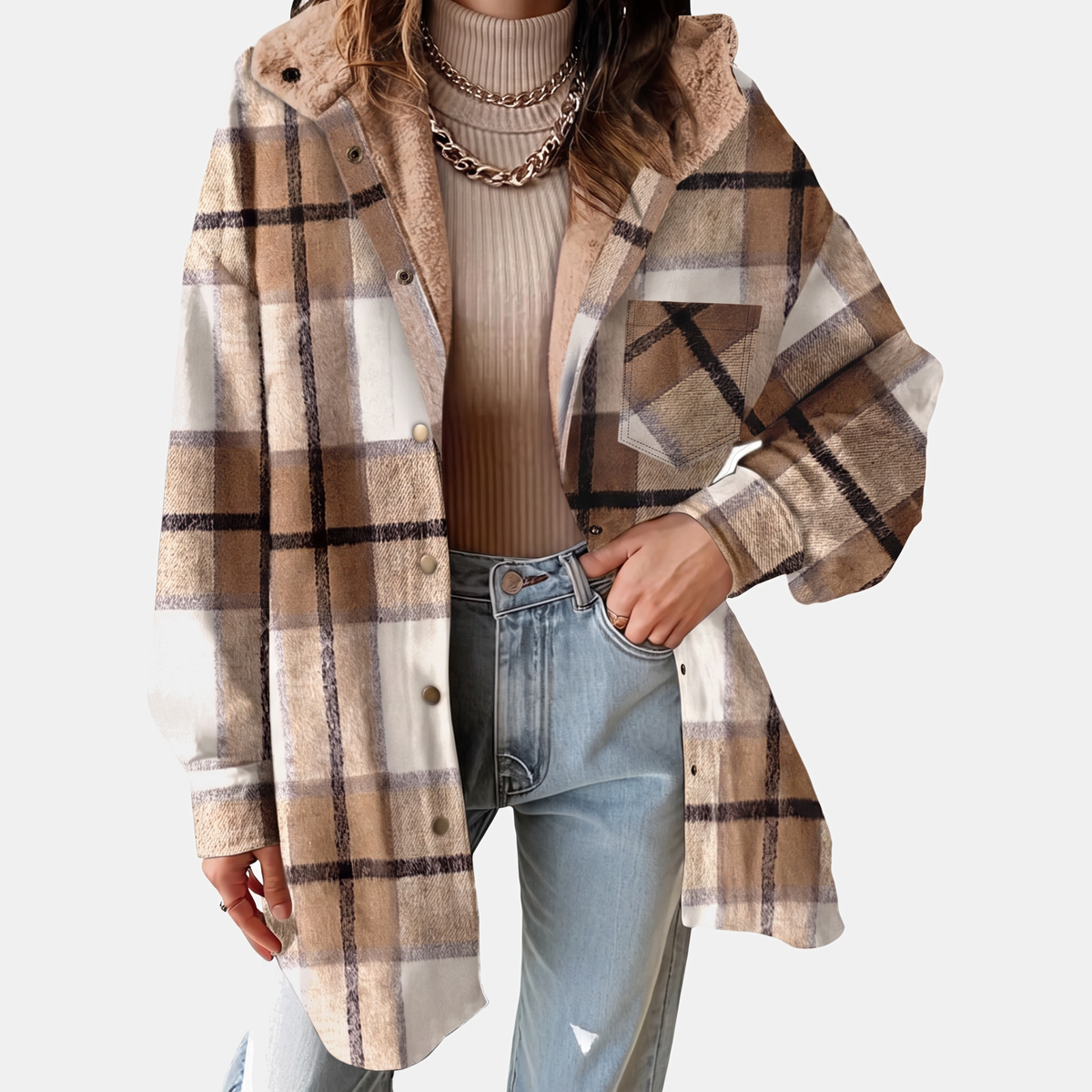 Women's Flannel Hooded Plaid Shacket Fleece Lined Coat