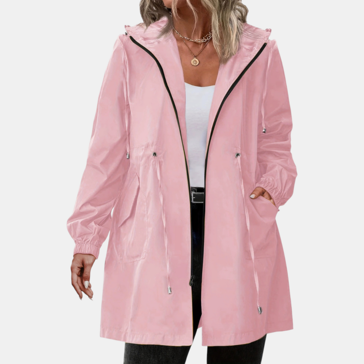 Women's Windbreaker Drawstring Waist Hooded Longline Jacket