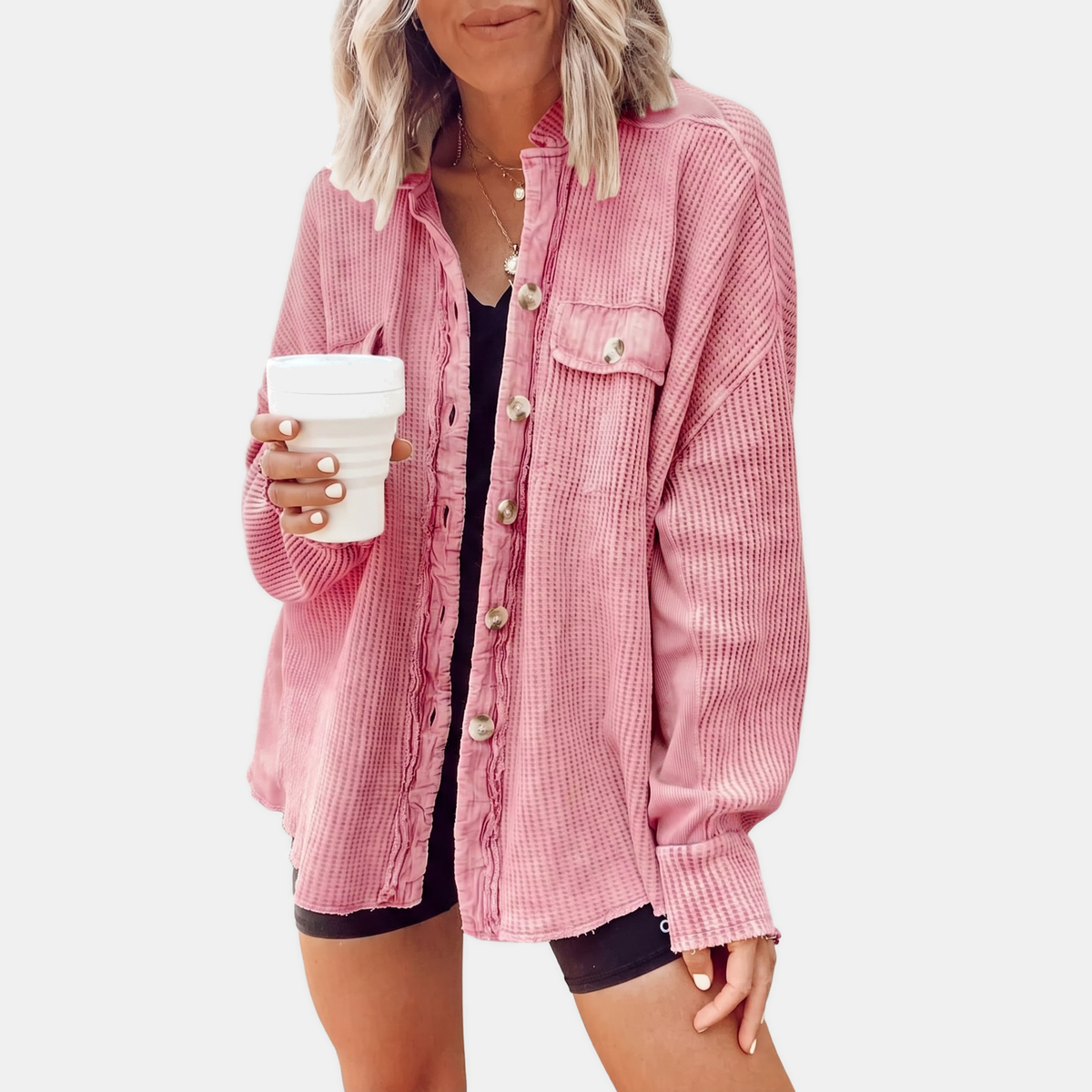 Women's Waffle Knit Raw Hem Button Front Oversized Shacket
