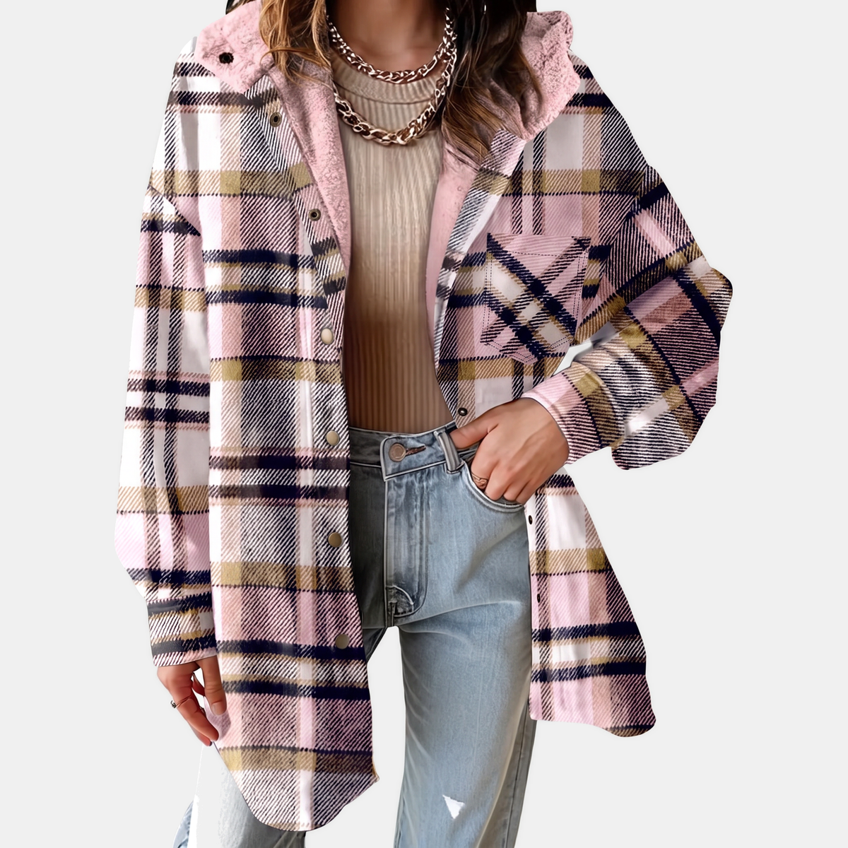 Women's Flannel Hooded Plaid Shacket Fleece Lined Coat