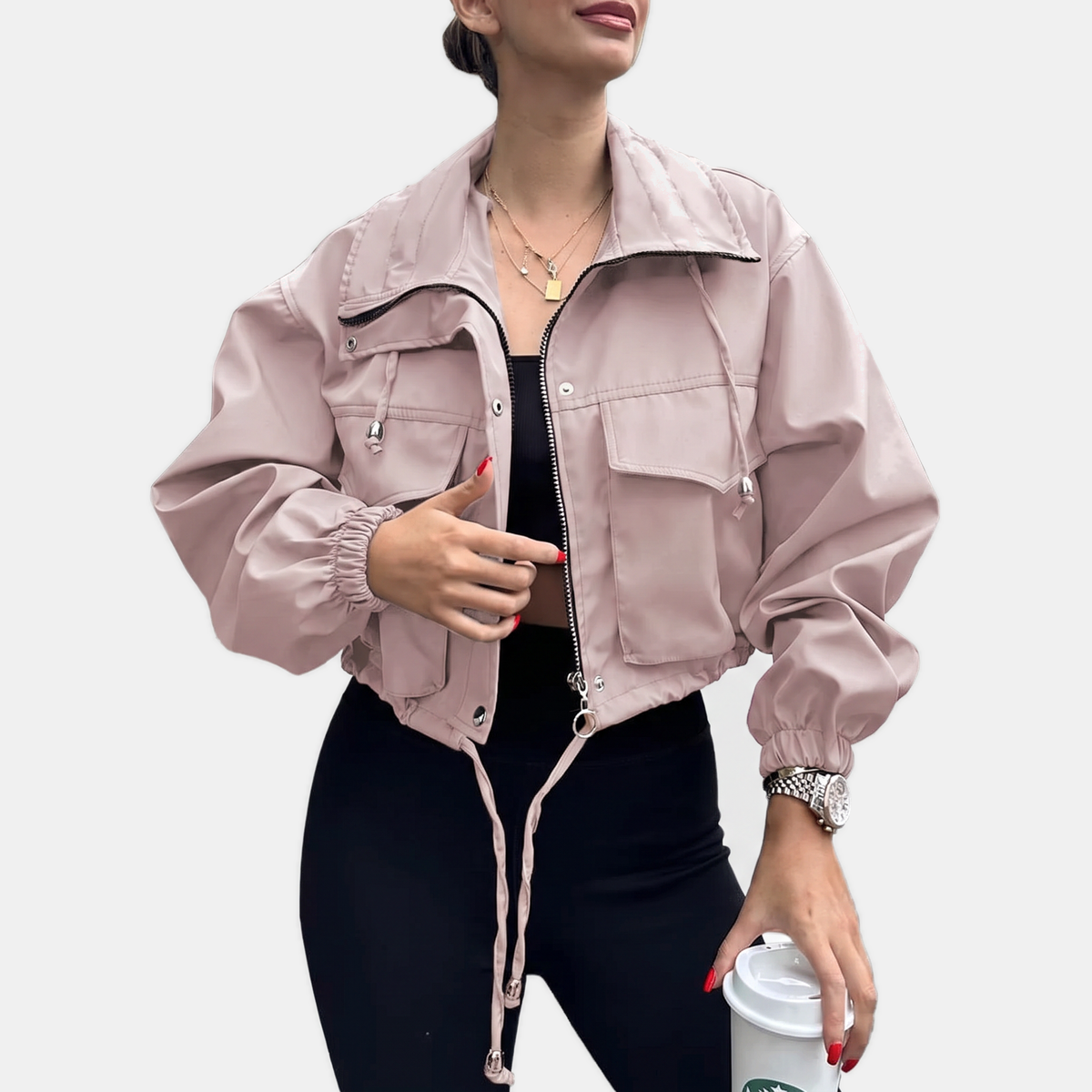 Women's Cropped Zip Up Cargo Windbreaker Jacket
