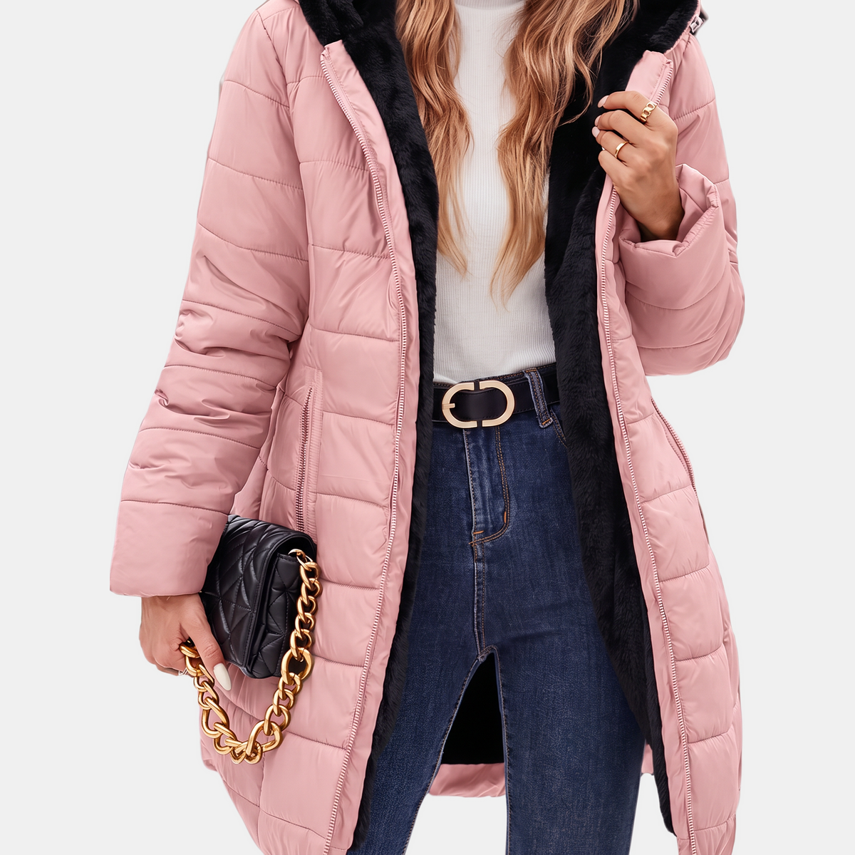 Women's Quilted Puffer Coat Fleece Lined Hooded Midi Jacket
