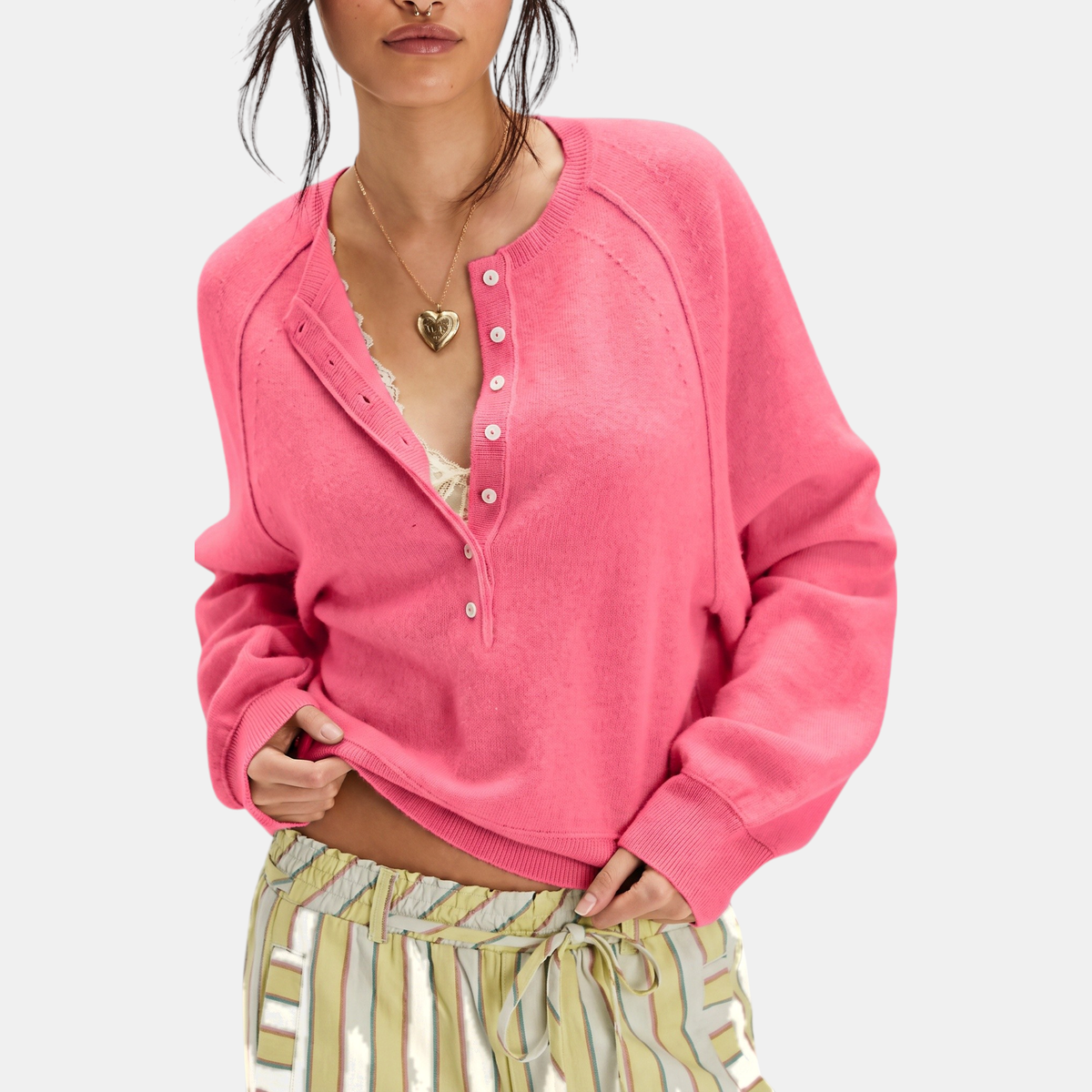 Women's Cropped Henley Button Placket Knit Sweater