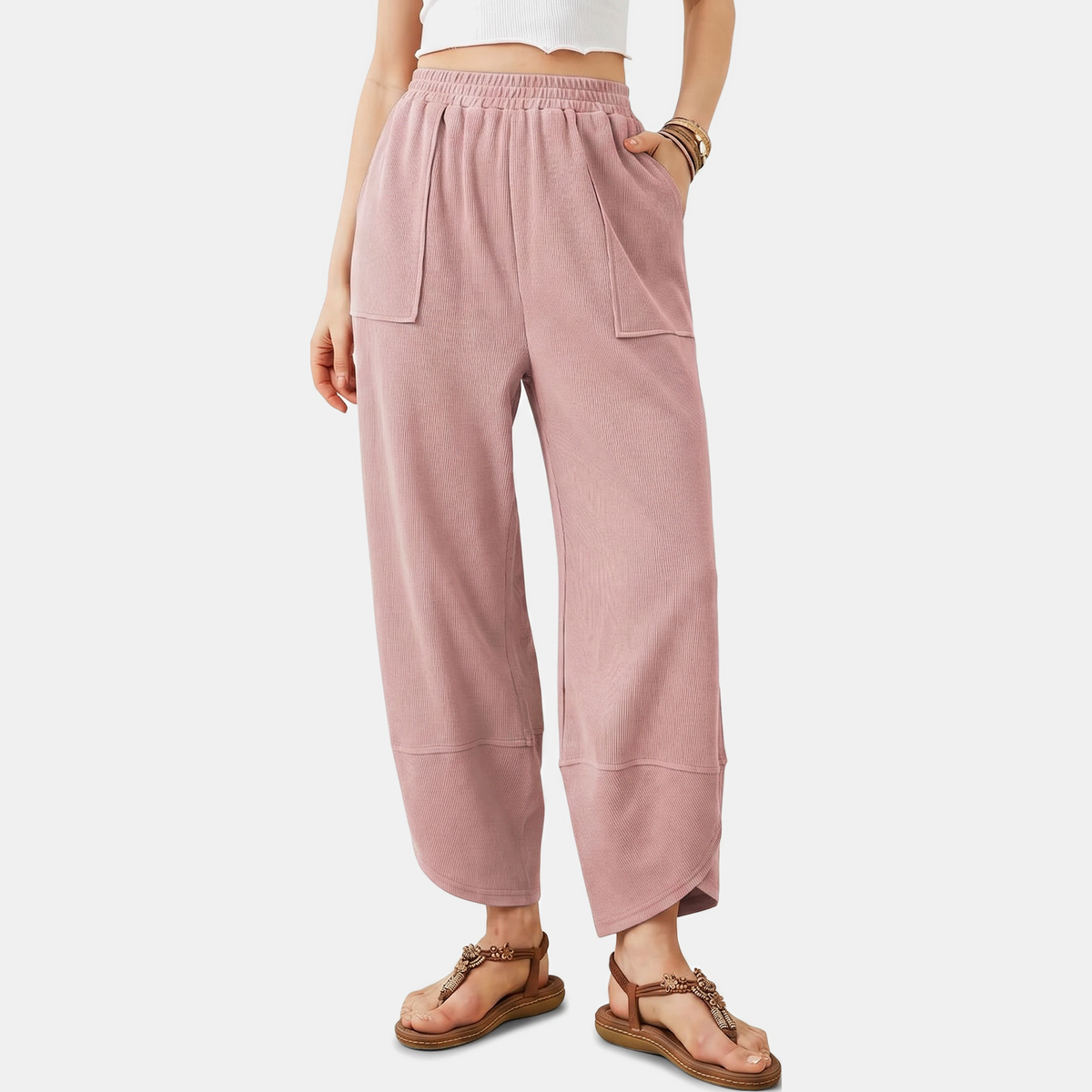 Women's Wide Leg Ribbed Knit Cropped Pants with Patch Pockets