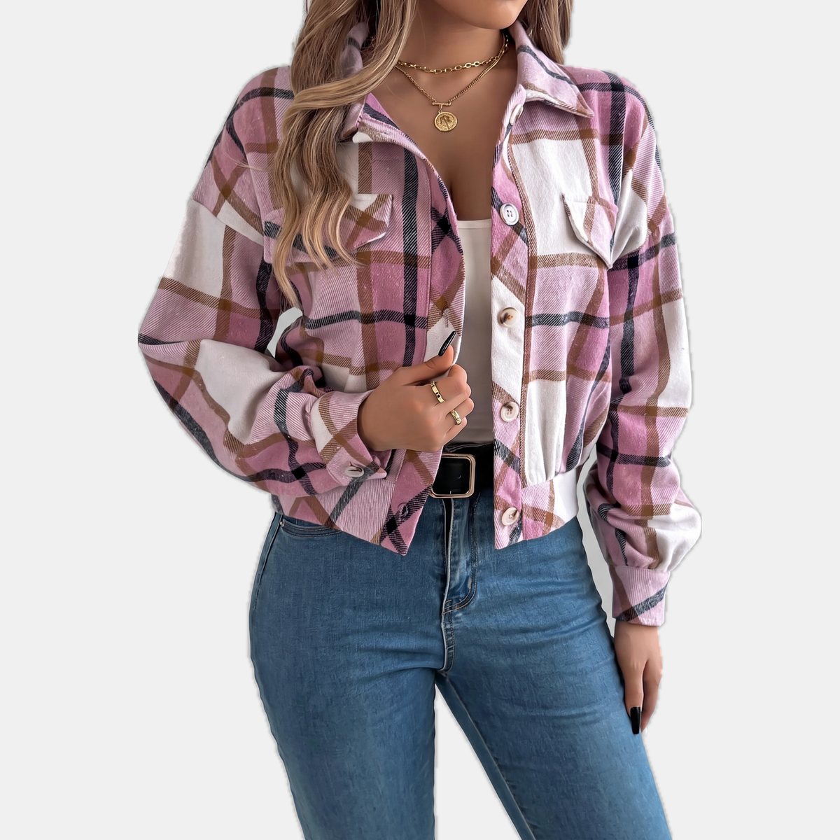 Women's Button Front Cropped Plaid Flannel Shacket
