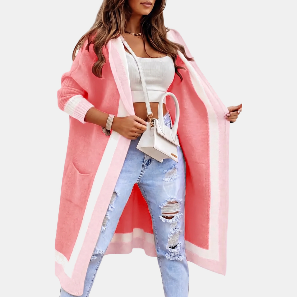Women's Colour Block Open Front Maxi Cardigan Sweater