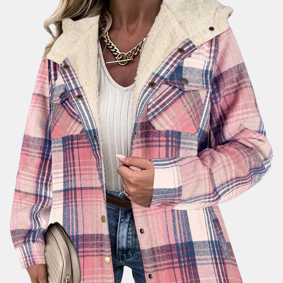 Women's Faux Fur Hood Plaid Flannel Snap Button Shacket