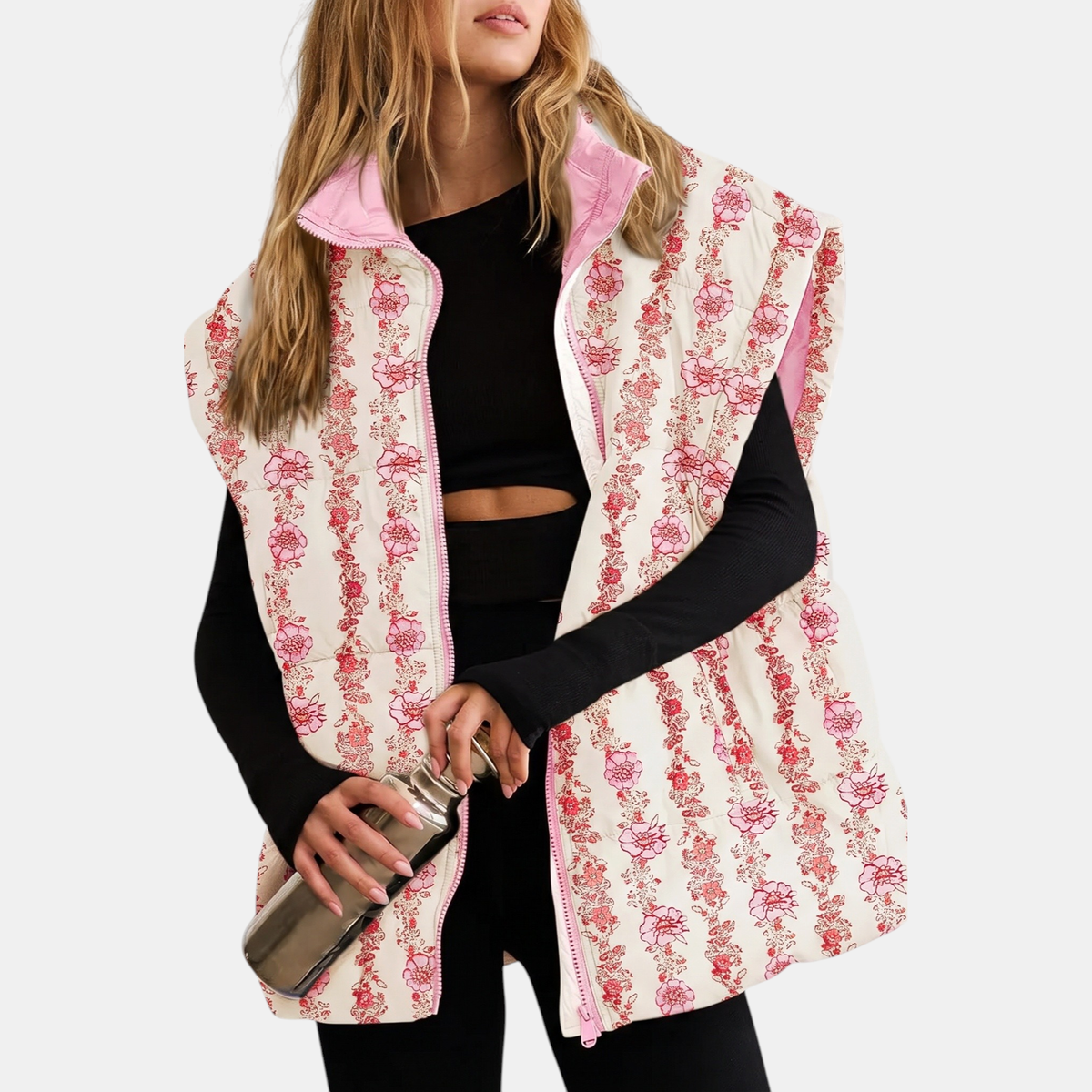 Women's Floral Print Puffer Vest Sleeveless Zip Up