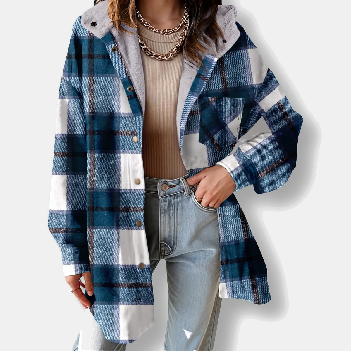 Women's Flannel Hooded Plaid Shacket Fleece Lined Coat