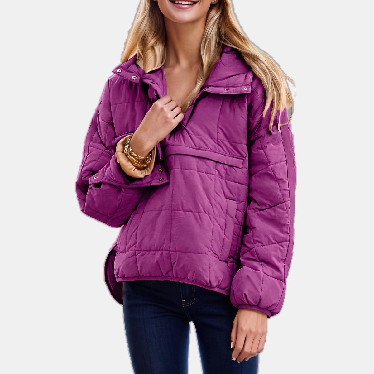 Women's Quilted Pullover Puffer Jacket Snap Collar Stand Neck