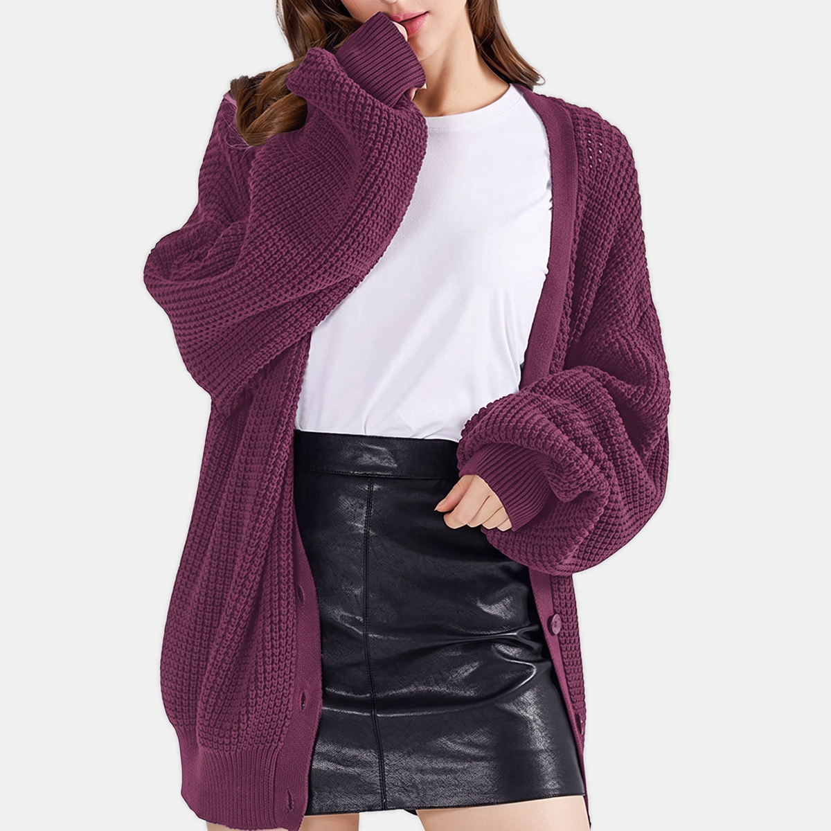 Women's Waffle Knit Balloon Sleeve Button Front Cardigan