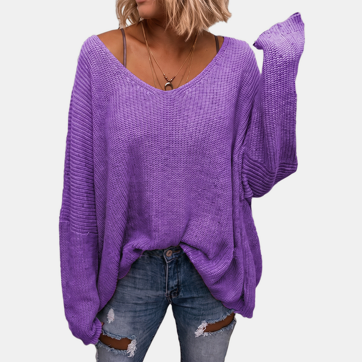 Women's Oversized Batwing Sleeve Deep V-Neck Knit Sweater
