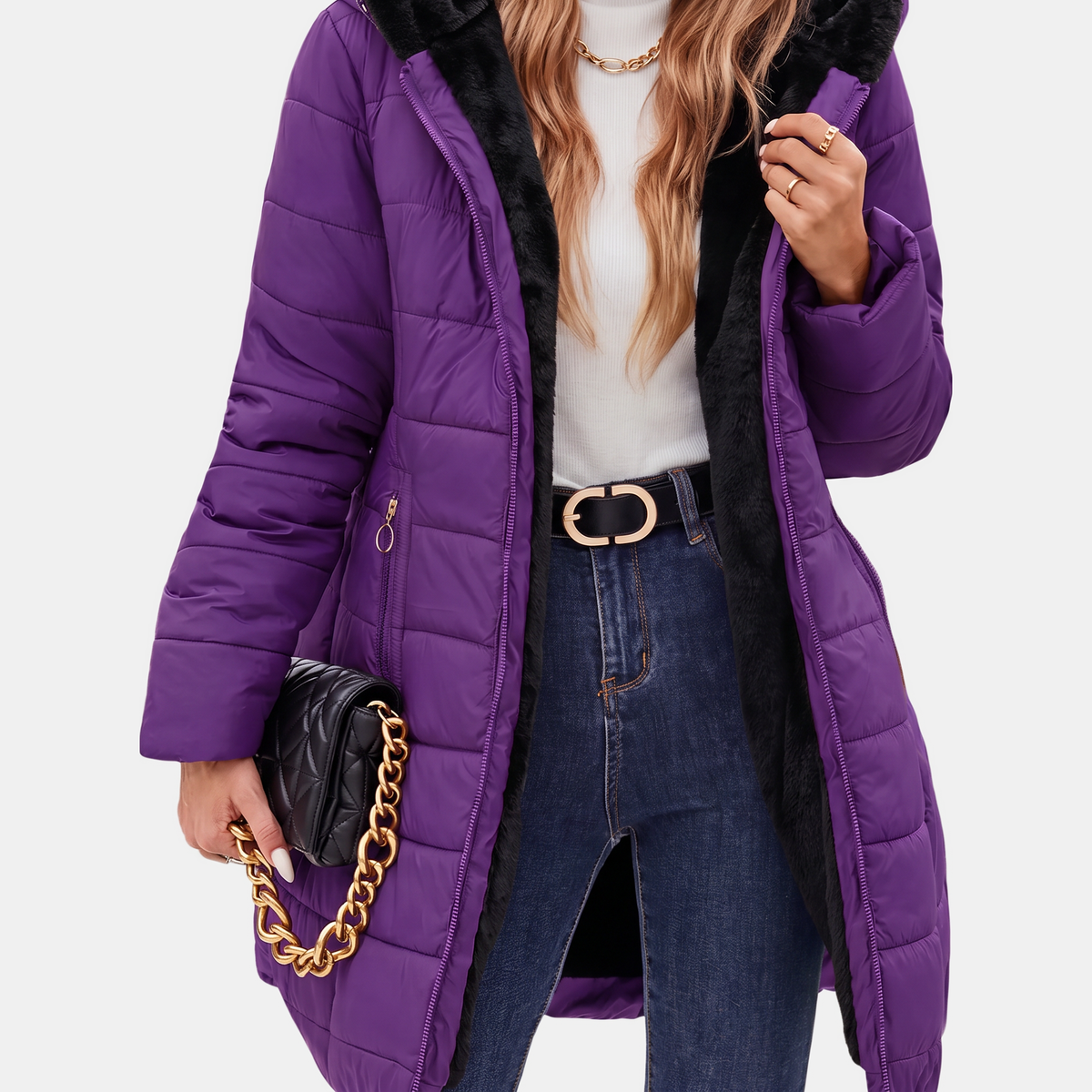 Women's Quilted Puffer Coat Fleece Lined Hooded Midi Jacket