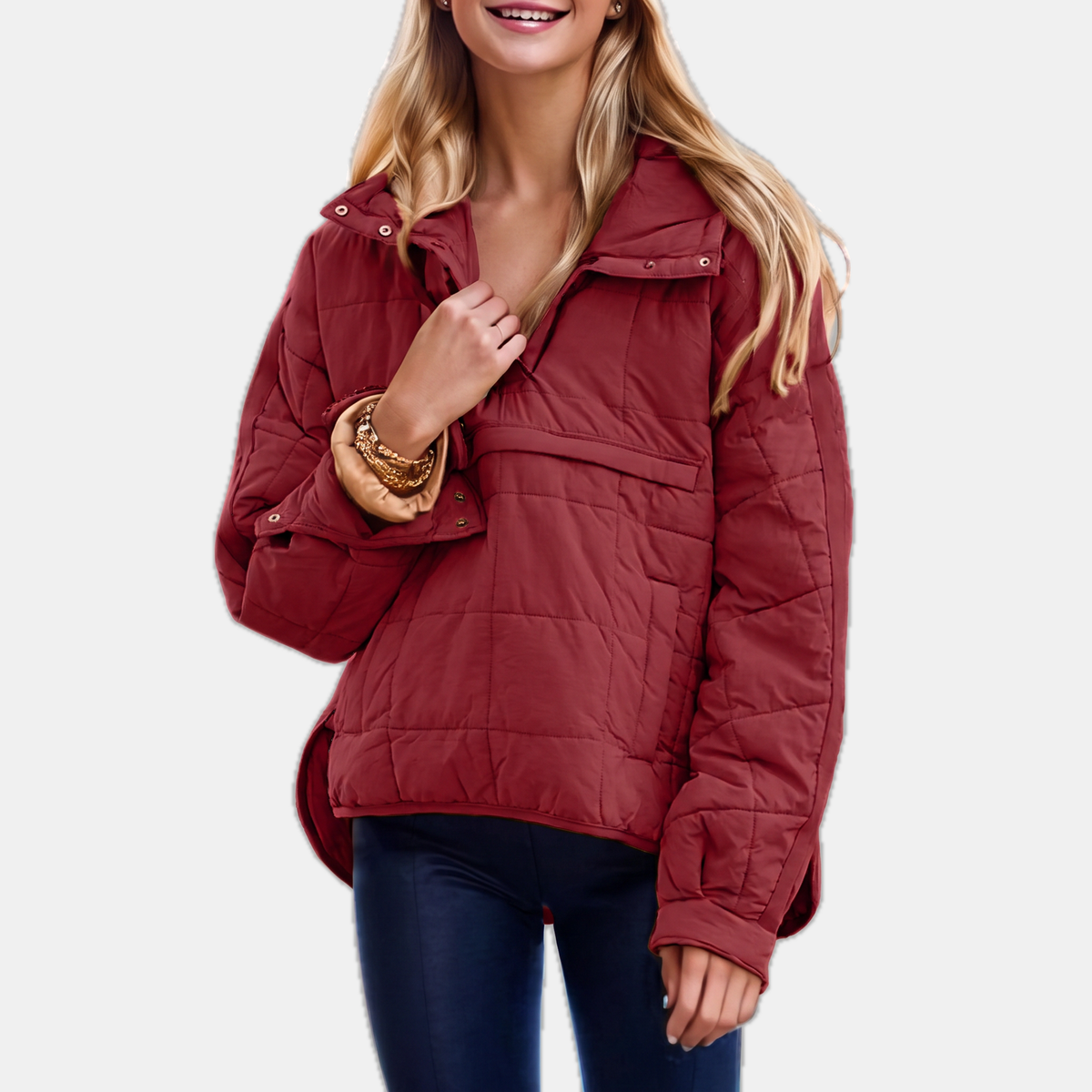 Women's Quilted Pullover Puffer Jacket Snap Collar Stand Neck