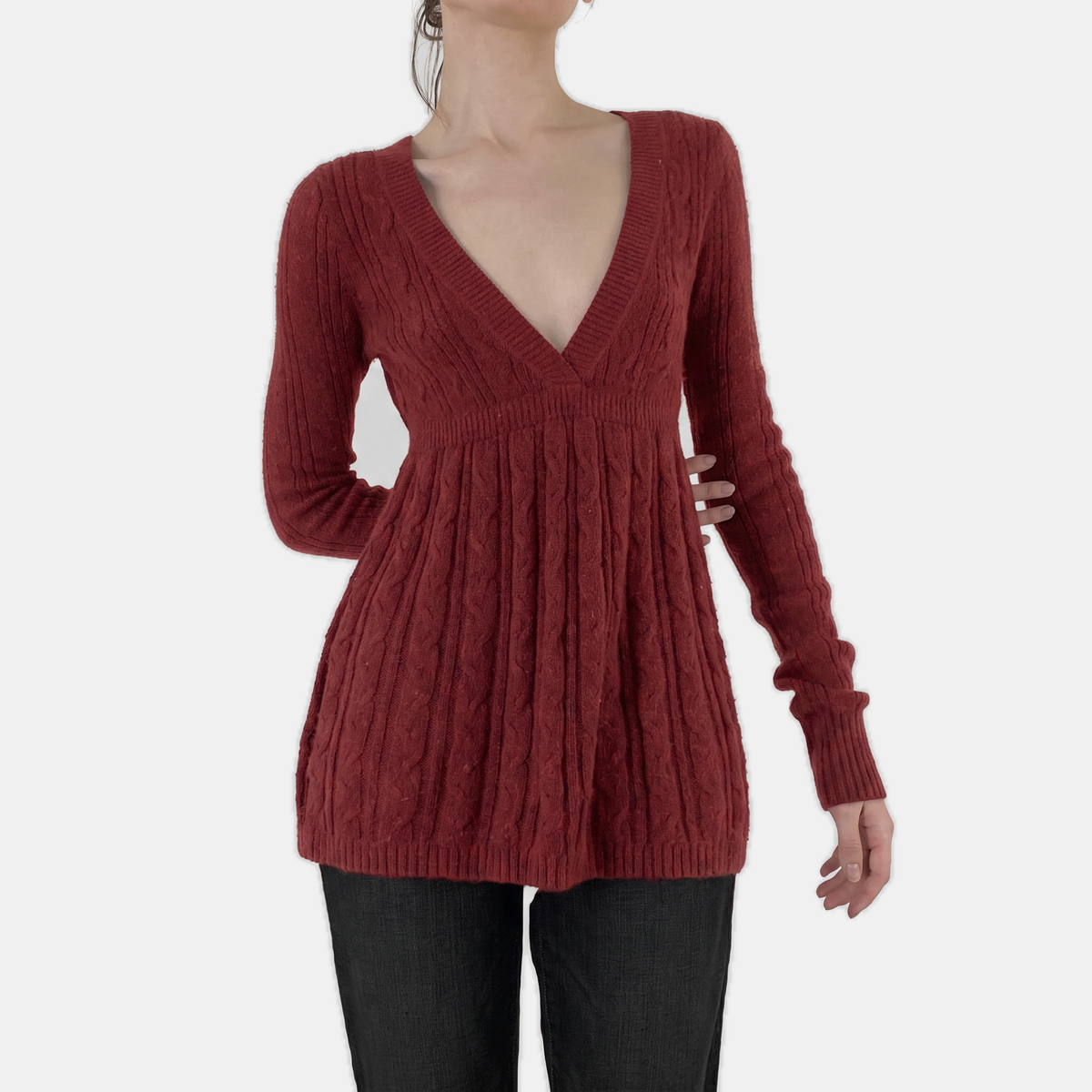 Women's Cable Knit Empire Waist V-Neck A Line Sweater Top